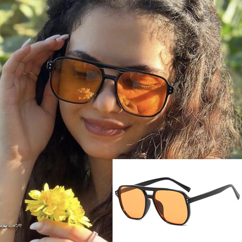 Classic Big Pilot Sunglasses Women Vintage Double Beam Yellow Orange Lens Sun Glasses Female Candy Color 70s Eyewears UV400