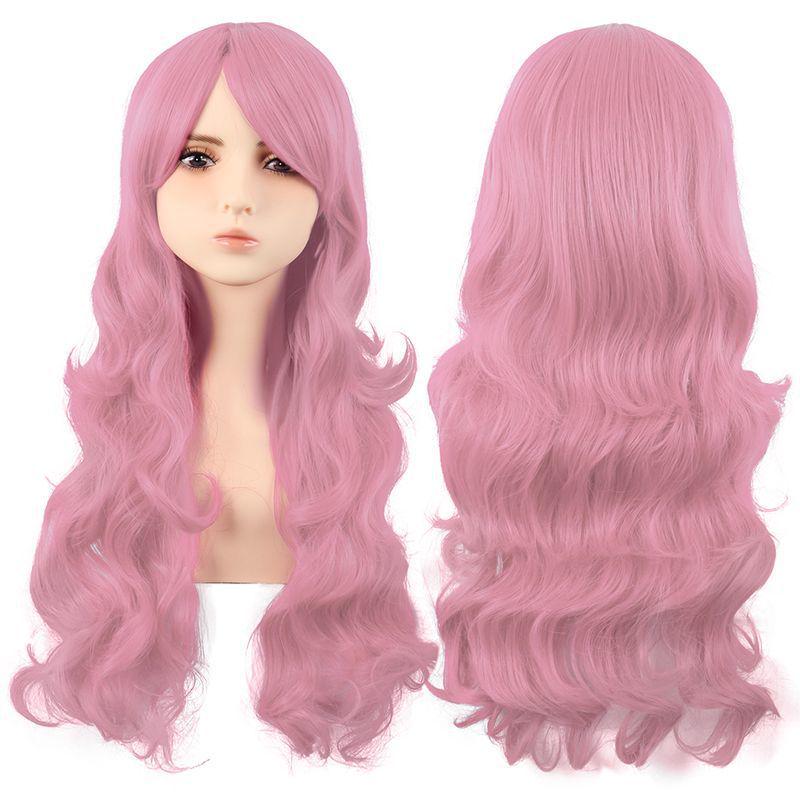 Flerfärgad 70 cm lång lockig animeperuk: Rotfrukt Rosa, Ljusguld, Svart, Roseröd Som Tillval
