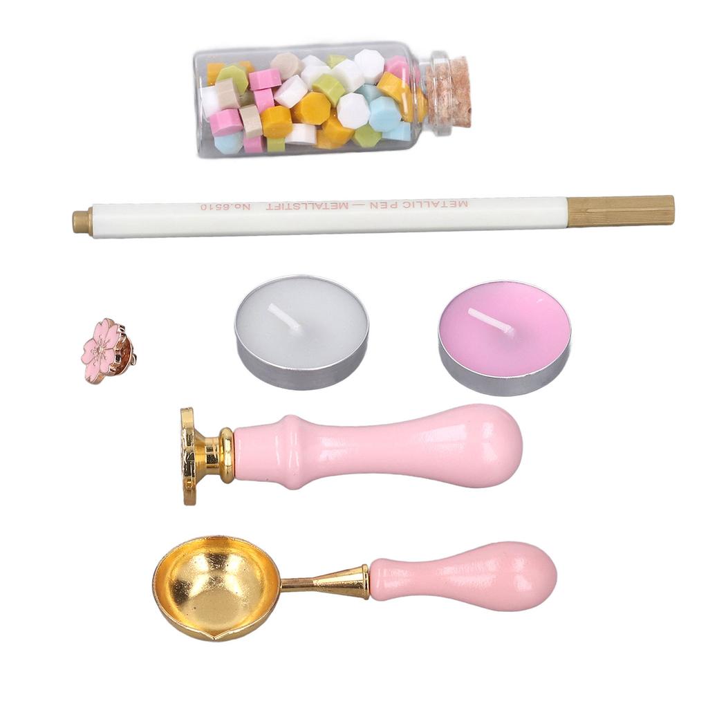 Sealing Stamp Kit Clear Pattern Macaron Color Wooden Handle Retro Wax Sealing Stamp with Sakura Brooch for Gifts