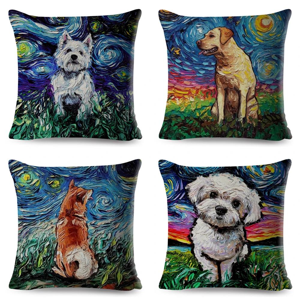 Both Sided Starry Sky Dog Cushion Cover Decor Oil Painting Cartoon Pet Animal Pillow Case for Sofa Home  Linen Pillowcase