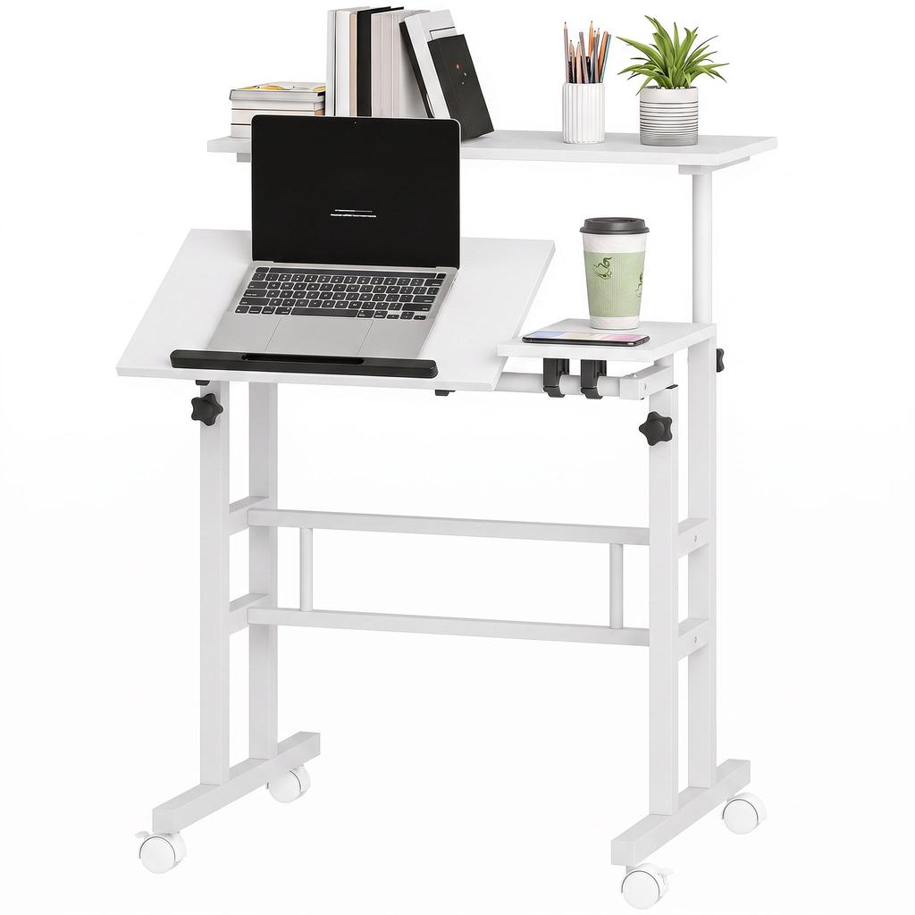 Sit-Stand Desk, Height-Adjustable, 70 x 60 cm, on Casters, Tilting Top, White