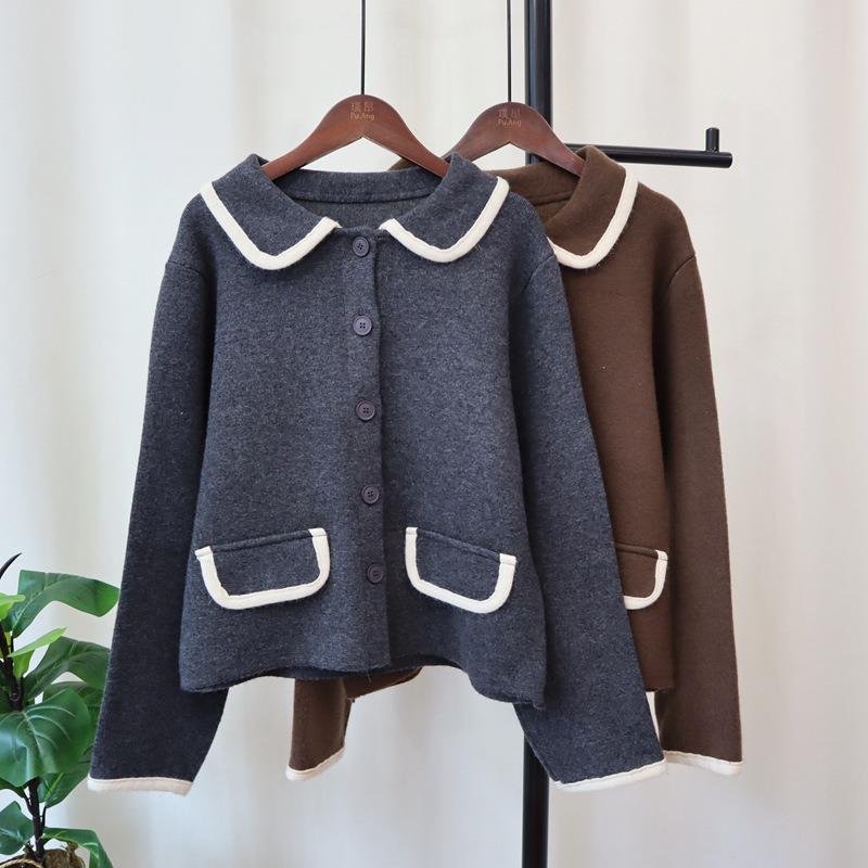 Autumn and Winter New Retro Contrasting Colors Hong Kong Flavor Knitted Cardigan Soft Waxy Design Temperament Loose Sweater Jacket Women