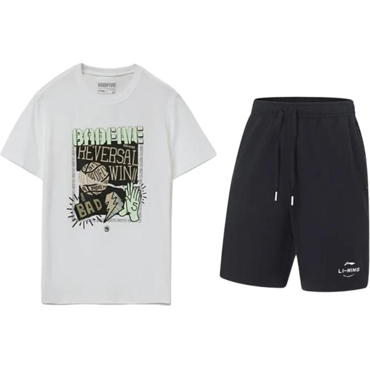 

Li-Ning Модный универсальный костюм с принтом букв, с круглым вырезом, с коротким рукавом, шорты с завязкой на средней талии, повседневный спортивный костюм, унисекс AHSVD59-1+AKST543-3 XL