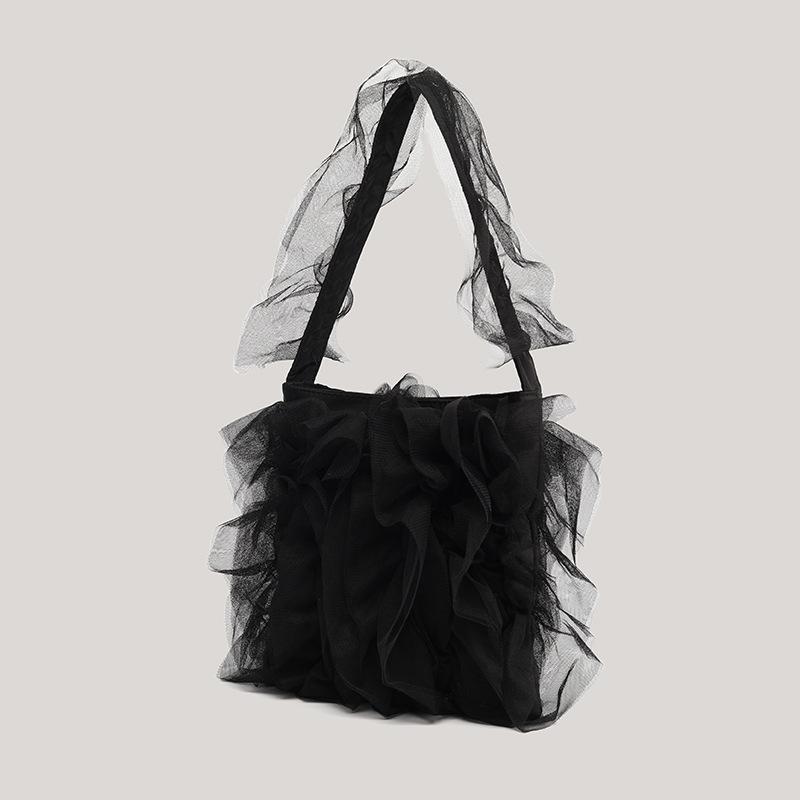 New Japanese sweet ballet mesh lace tulle pleated pearl splicing shoulder bag large-capacity women's bag