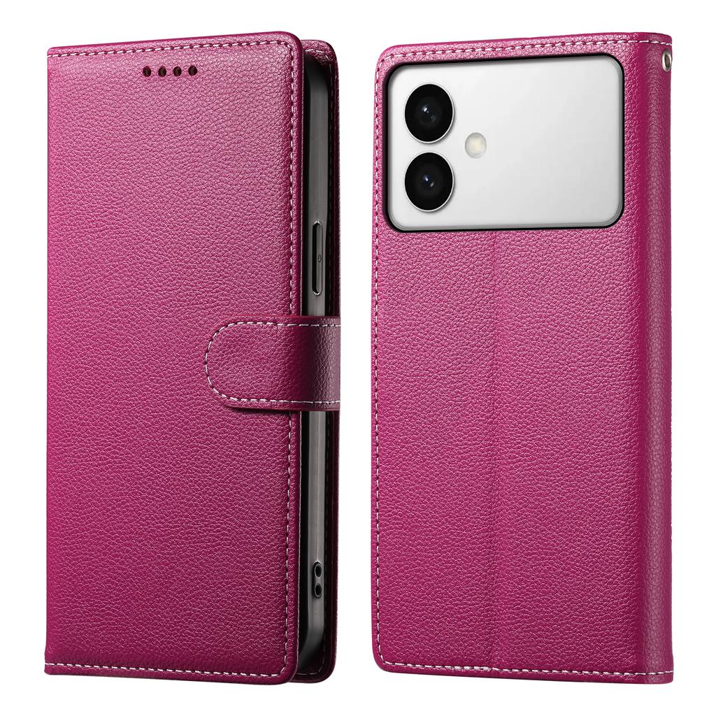 For Samsung Galaxy S26 Edge Case Magnetic Snap Litchi Texture Leather Wallet Phone Cover with Wrist Strap