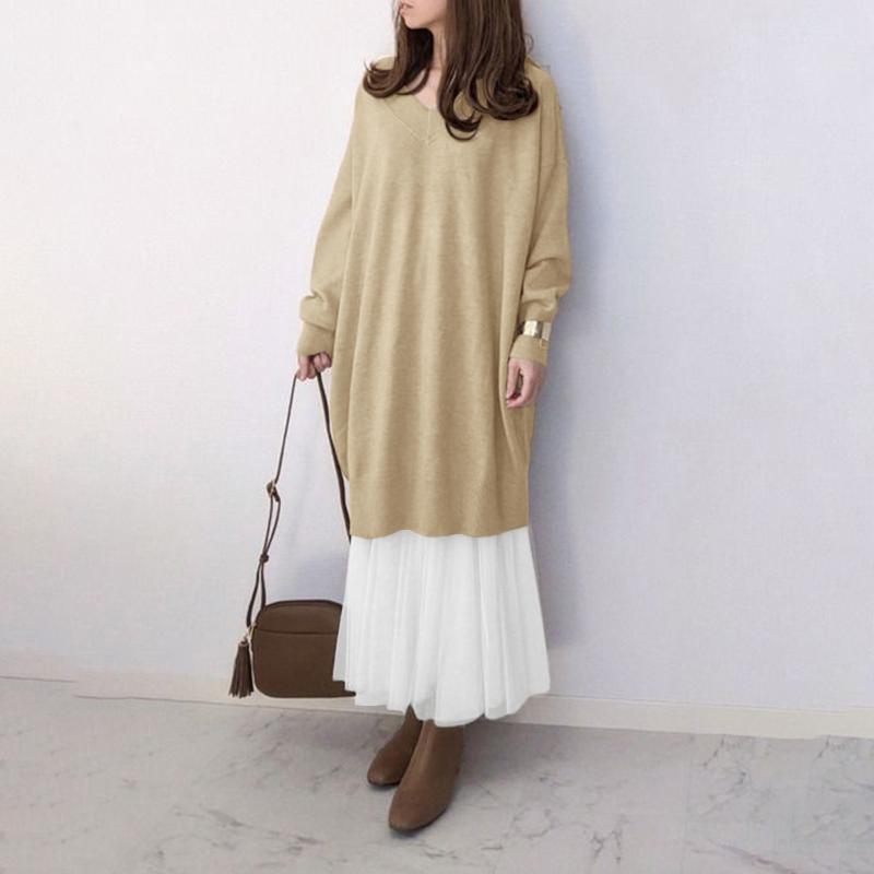 ZANZEA Women Casual Mesh Splice Loose V-neck Long Sleeve Dress