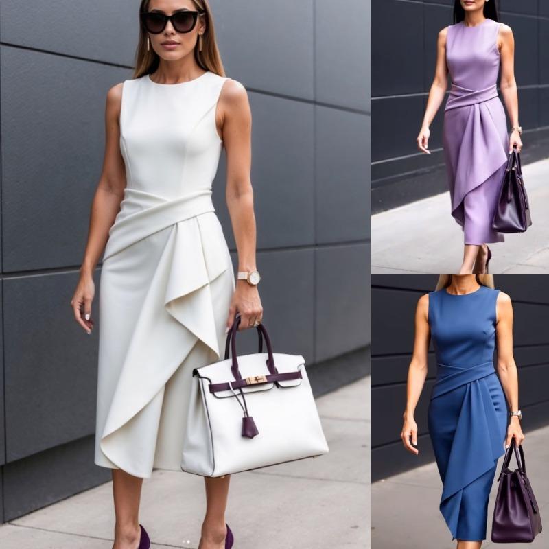 Wish Summer Solid Color Temperament Waist Sleeveless Asymmetrical Dress Women