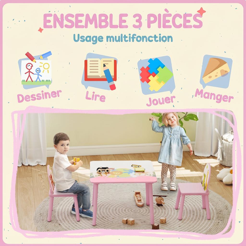 Children's Table with Chair, Wooden Table, 2 Chairs, Pink
