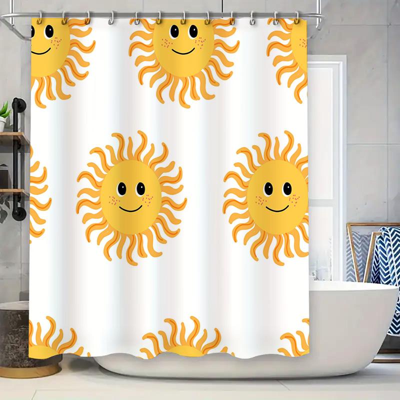 Bright Sunflower Shower Curtain White Bath Decor For Kids Room Waterproof Fabric Printed With Smiling Faces Perfect Gift For Mot