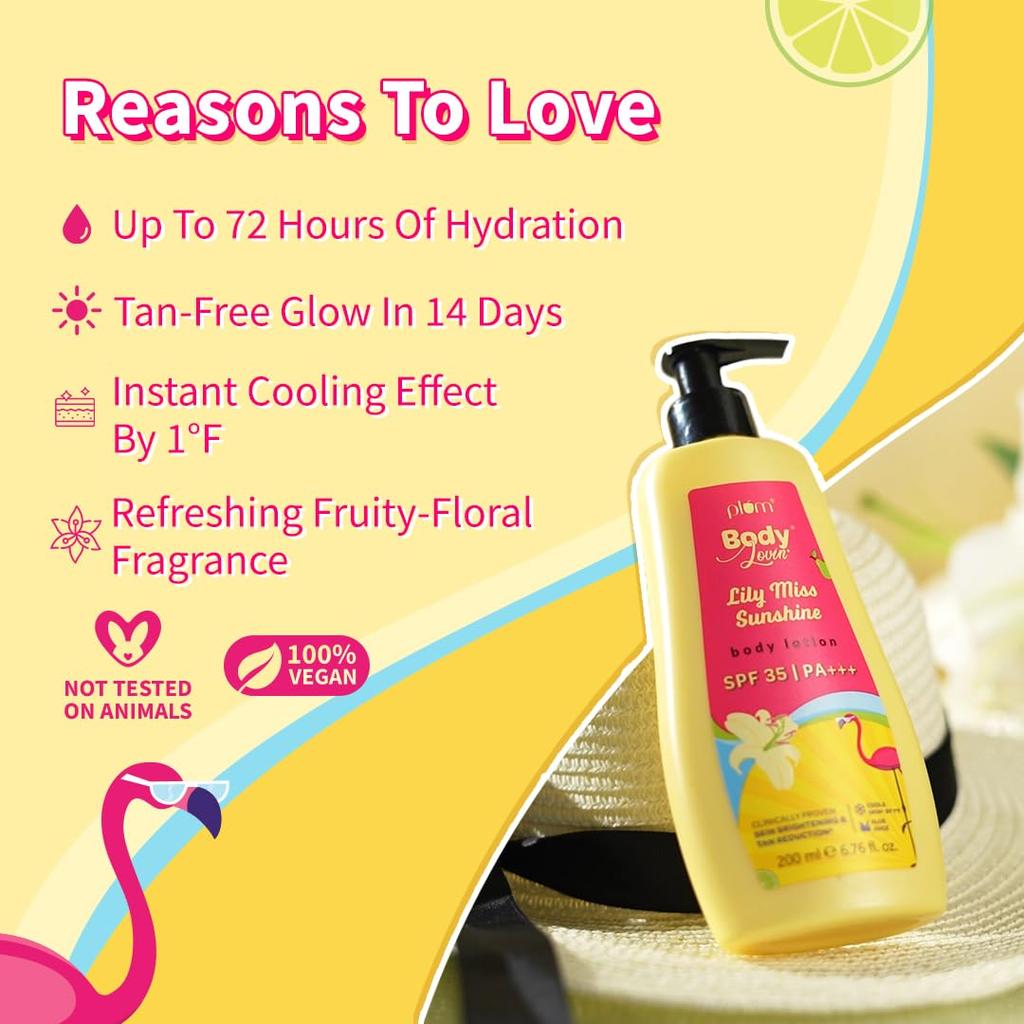 Plum BodyLovin Lily Miss Sunshine SPF 35 PA+++ Body Lotion No White Cast Long Lasting Hydration Fruity Floral 200 ml