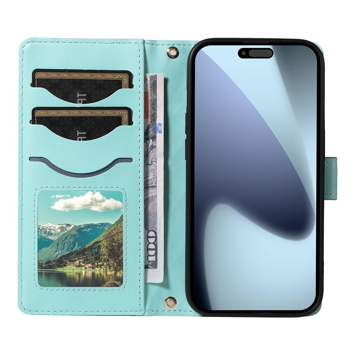 

For iPhone 17 Pro Wallet Case Rhombus Leather Phone Cover with Strap Green