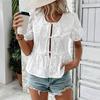 Women Shirt Round Neck Puff Short Sleeve Casual Shirt Solid Color Loose Fit Embroidery