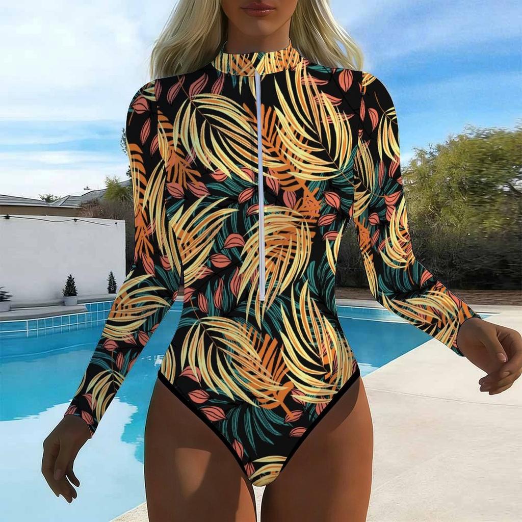 Women Long Sleeve One Piece Swimsuit Zip Front Ink and Wash Flowers Print Rash Guard Surfing Bathing Suit