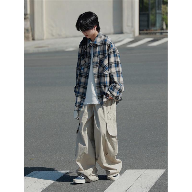 Retro overalls men's and women's spring and autumn trousers new design sense multi-pocket drawstring wide-leg casual trousers