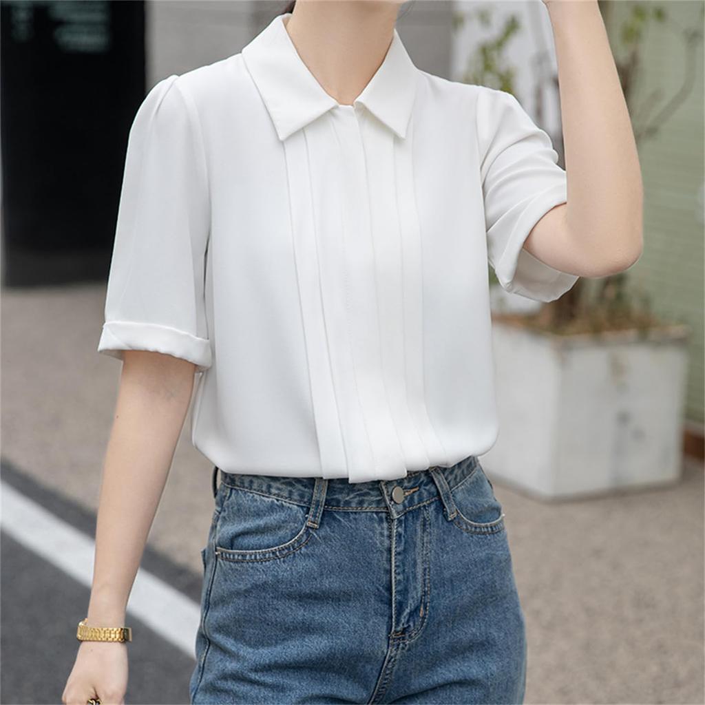 [SYitong] Women's Short-Sleeved Summer Chiffon Blouse, Collared, Flowy Dress Shirt, Tucked, Relaxed Fit, Slimming Effect, Figure-Flattering, Elegant,
