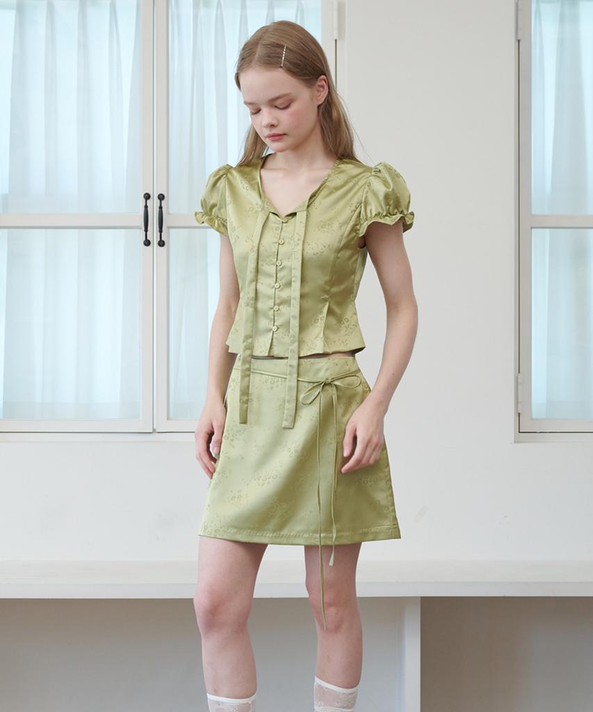 Opening Sunshine Strap Belt Satin Mini Skirt Jacquard Olive