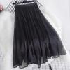Qooth Women A Line Bead Chiffon Skirt Wide Hem Mid  Length Elastic Waist Slim Casual Skirt QT2650