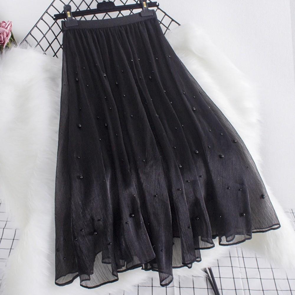 Qooth Women A Line Bead Chiffon Skirt Wide Hem Mid  Length Elastic Waist Slim Casual Skirt QT2650