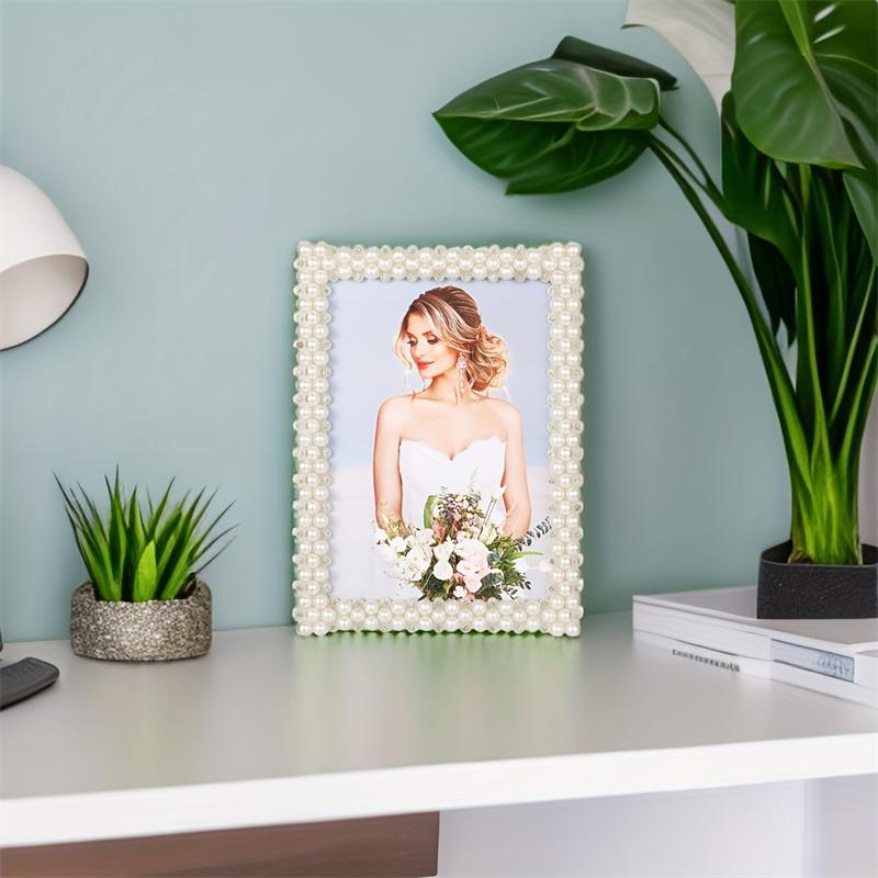 1pc Pearls Rhinestones Plastic Photo Frame With Stand  & 1 Random Picture Included fuori colore bianco