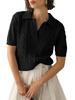 Women's polo collar short sleeved knitted sweater, women's casual solid color twisted flower knitted sweater