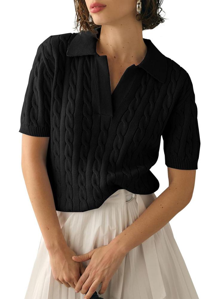 Women's polo collar short sleeved knitted sweater, women's casual solid color twisted flower knitted sweater