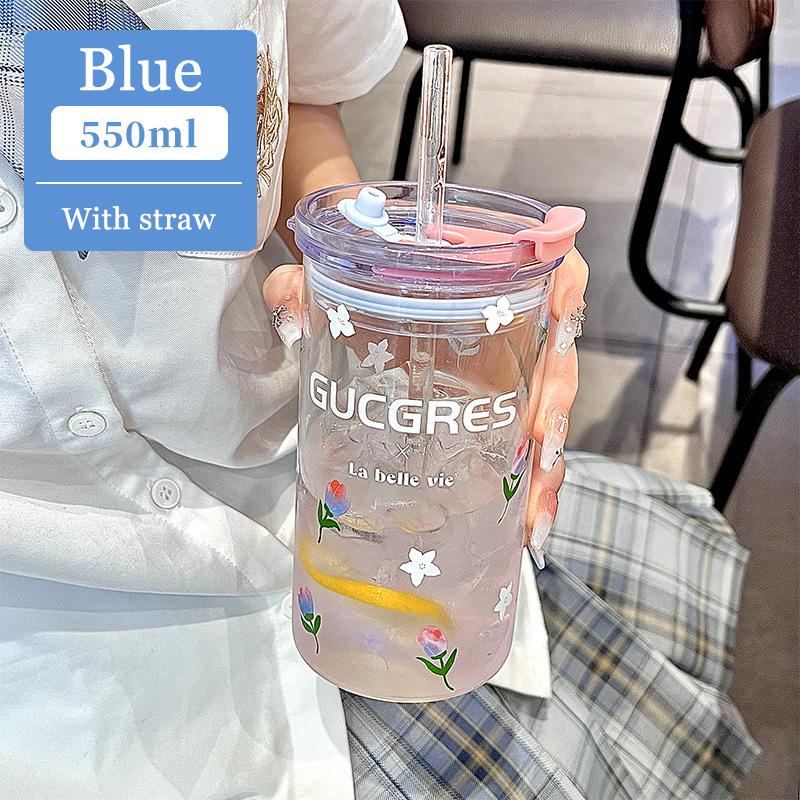 550ml Flower Glass Cup Clear Eyeglasses With Lid And Straw Bubble Tea Cup Ice Coffee Mug For Juice Milk Water Cups Drinkware