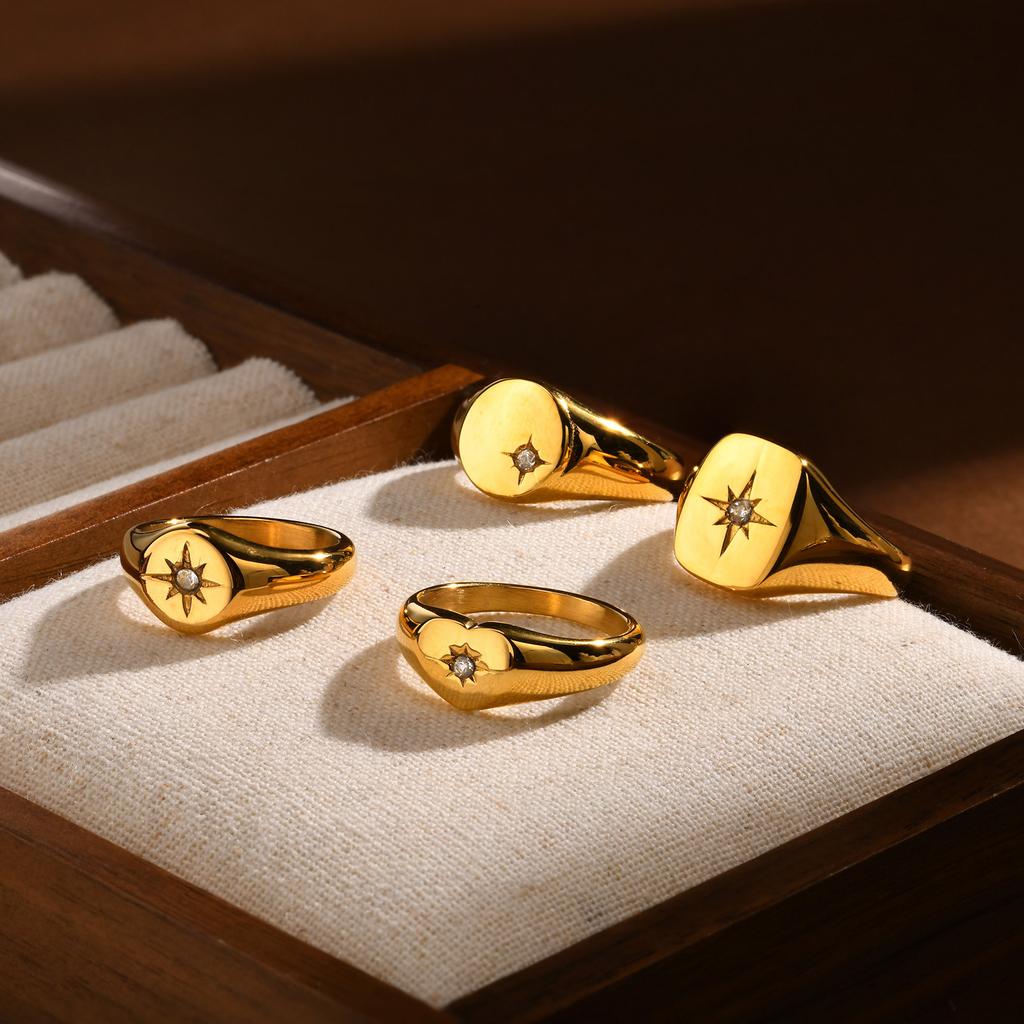 Edelstahl Sonnenschein Siegelring Pinky Ring, Zirkonia Inlay Ring Vergoldet, Anlaufgeschützter Modeschmuck