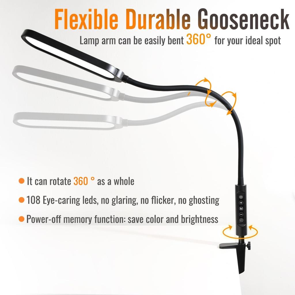 Clamp on Lamp, LED Desk Lamp, 18W, 3000 LMS, 3 Color Modes, 16 Brightness Levels, CRI>95, 0.5H/1H Timer, Eye-Caring Task Lamp with Remote for