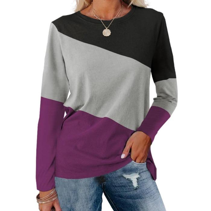 Fashion Color Blocked Long Sleeved Top with Personalized Contrasting Design for Women's Casual T-shirts