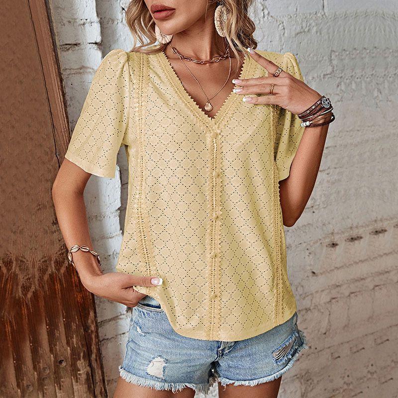 

Lace Short Sleeve Shirt2025 Summer New European and American Women Lace Patchwork Short sleeve V-neck T-shirt Yellow M