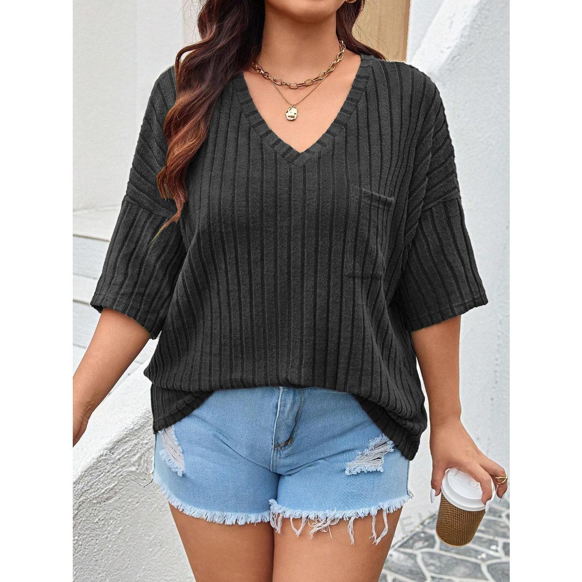 

Spring Summer Women s Casual Solid V-neck Three-quarter Sleeve T-shirt with Pocket Fashion Women s Tops for European American 5XL чорний