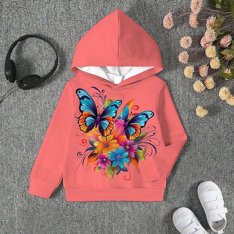 Girls' 3D Animal Butterfly Hoodie Long Sleeve 3D Print Fall Winter Active Sports Fashion Kids 3-12 Years Outdoor Daily Indoor Regular Fit