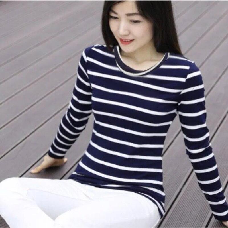 Long Sleeved T-shirt Women's Spring Sutumn New Striped Shirt Korean Loose Versatile Round Neck Bottoming Blouse M-5XL