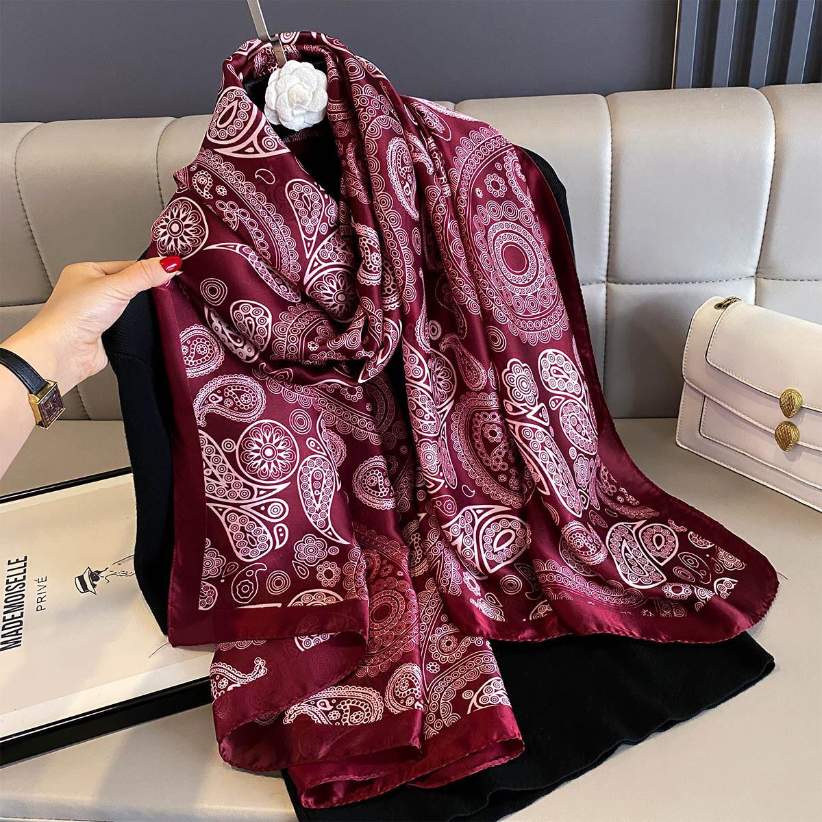 180*90cm Großer Seidensatin Schal Damen Mode Bedruckter Schal Frühling und Sommer Styles Schal Wickeltuch Damen Hand 90x180cm black