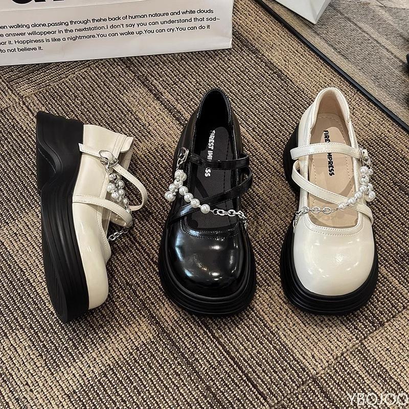 Fashion Thick soled pearl chain versatile small leather shoes spring autumn new styles simple versatile comfortable women's shoes