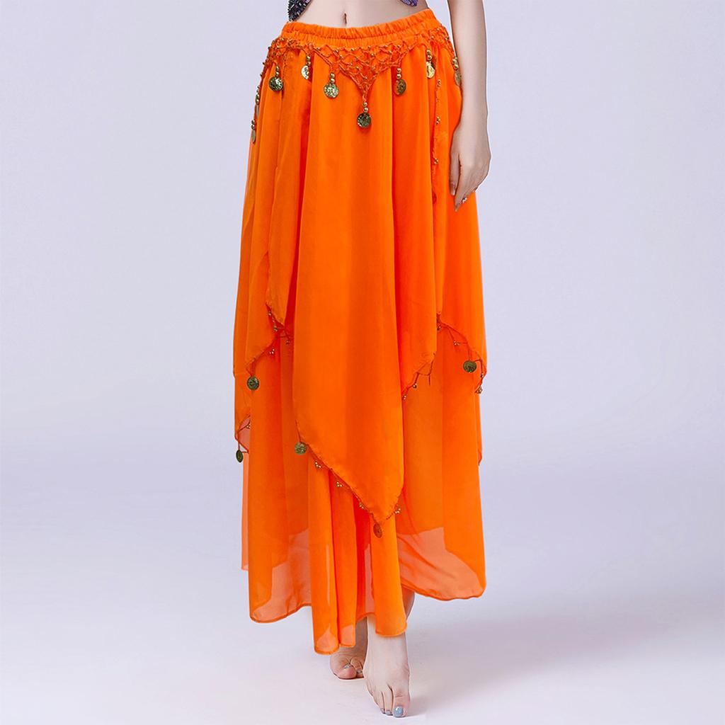 Ladies' Belly Dance Skirt Hanging Coin Skirt Chiffon Big Swing Skirt Performance Dress Shining Stage Performance Dress Shining Half Body Skirt