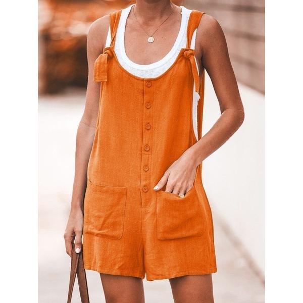 Summer Women's Jumpsuit Solid Color Patch Pockets Lace-up Cotton Linen Straps Shorts