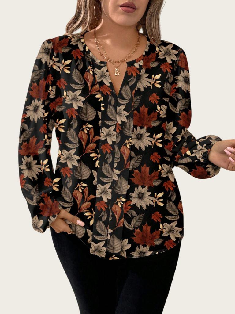 Plus Size Retro Floral V-neck Lantern Sleeve Chiffon Blouse