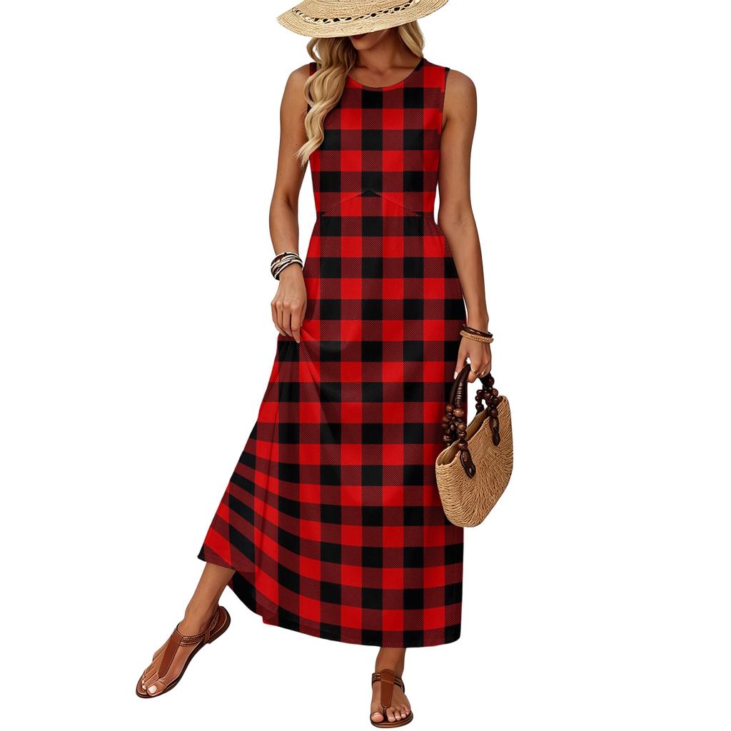 Women Sleeveless Summer Dress Casual Loose Fit Maxi Dress with Pockets Beach Vacation Sundress Lightweight Comfortable
