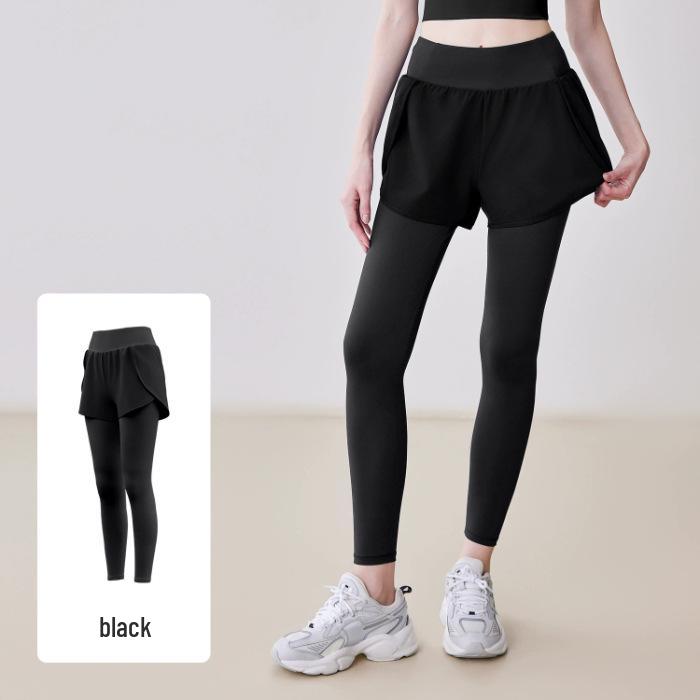 Women s Faux Two-Piece High Waist Yoga Pants with Pockets - Elastic Hip-Lifting Fitness Tights S
