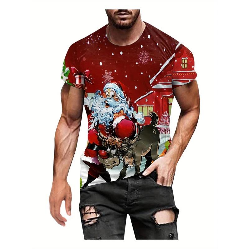 Christmas Men's Shirt, Snow Train Scene Printed T-shirt, Soft and Durable Fabric, Fashionable and Casual Christmas Clothing