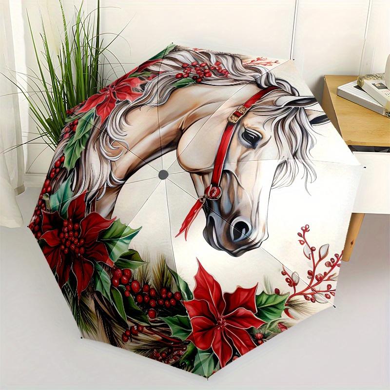 

Horse Christmas Theme 8 Bone Hand Automatic Folding Umbrella, Compact and Portable Design, A Perfect Gift for Birthday, Christmas or Busines