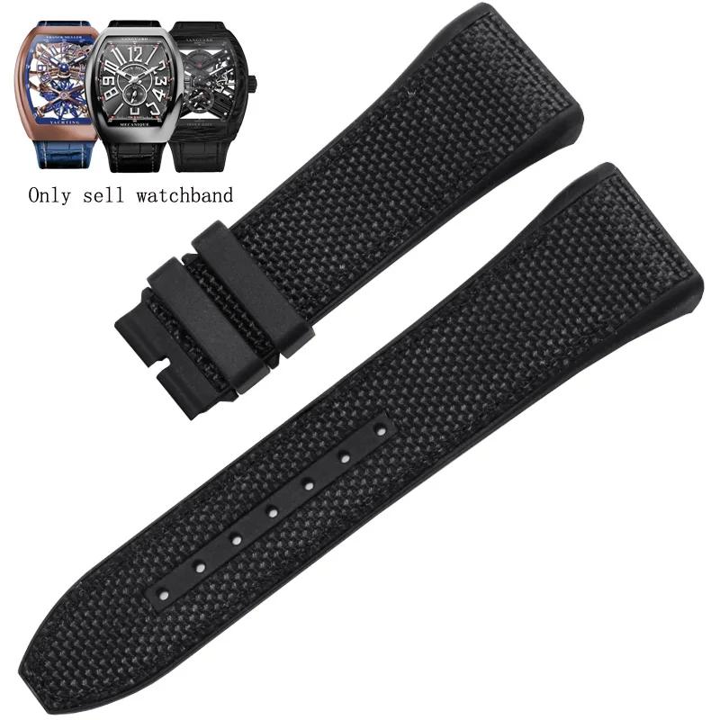 

28mm High Quality Nylon Genuine Leather Silicone Watchband Black Blue Folding Buckle Watch Strap For Franck Muller V45 Series 28mm