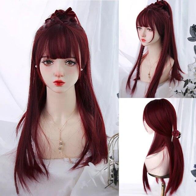 Synthetic Natural Black Wigs Long Wavy Wig for Women with Bangs Halloween Party Daily Heat Resistant Fibre Hair Wigs