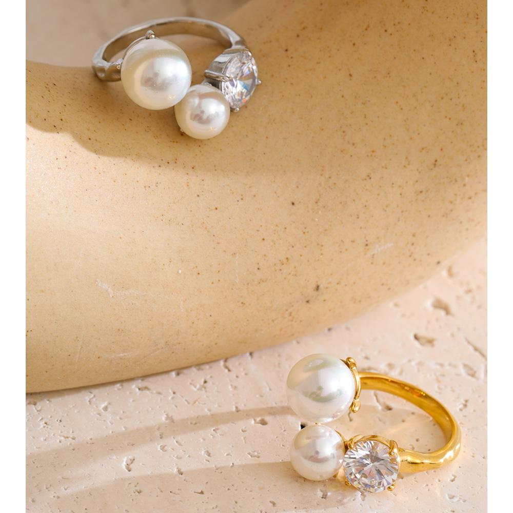 Yhpup Korean Simulated Pearls Cubic Zirconia Adjustable Chic Ring High Quality Stainless Steel Popular Jewelry Wholesale Gift