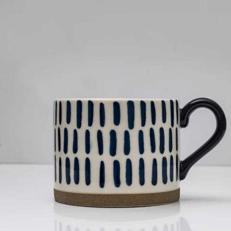 Japanese Ceramic Pattern Coffee Cup with Spoon 450ml Large Capacity Mug Simple Home Office Breakfast Milk Mug Pull Flower Latte