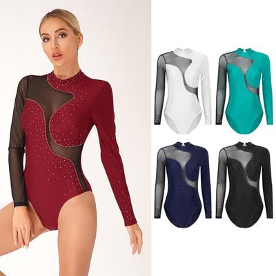 Women's One-piece Shiny Rhinestone Gymnastic Dance Leotard Long Sleeve Bodysuit
