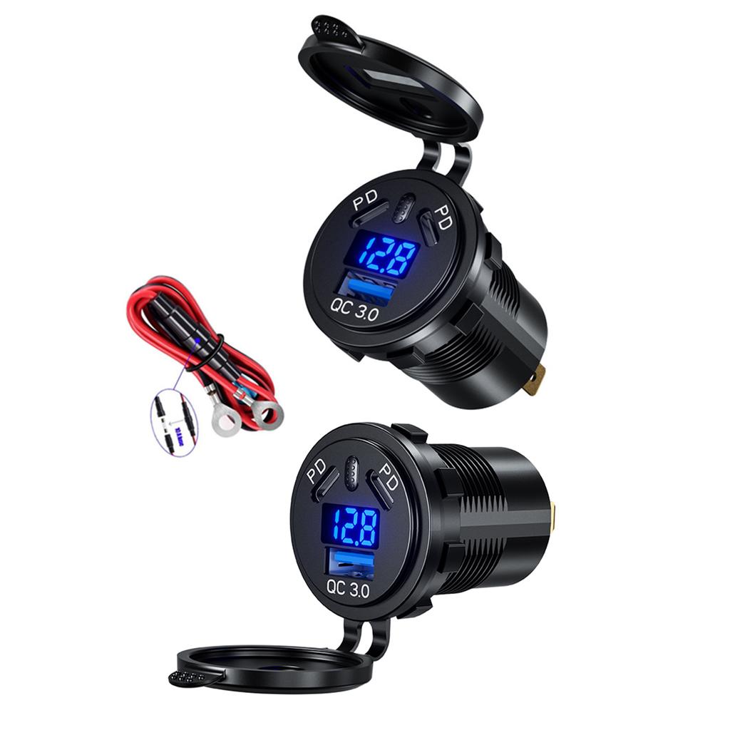 USB C Car Charger Socket 12V/24V USB C Outlet Ual 45W PD Type C & 18W 3.0 Port with LED Voltmeter