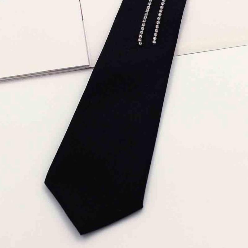 Elegant Rhinestones Embellished JK Shirt Tie for Women Men Harajuku Student Uniform Adjustable Pre Tied Black Necktie