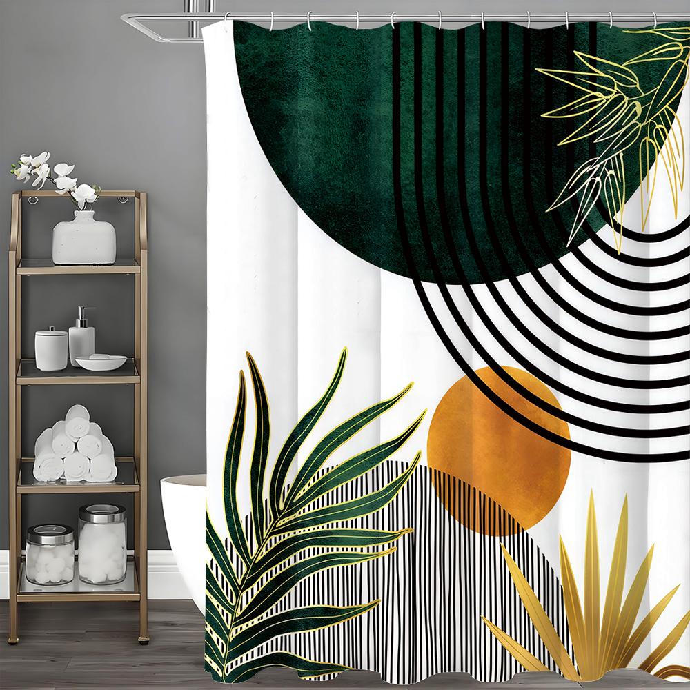 Abstract Mid-Century Shower Curtain, Modern Bohemian Sun Leaf Half Circle Curve Aesthetic Botanical Bathroom Decorative Shower C